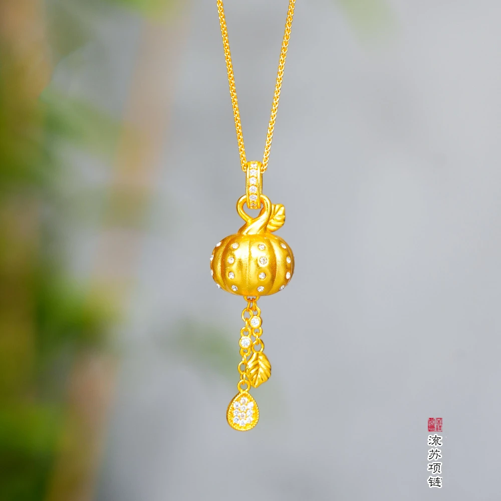 

9999 24K real gold diamond-encrusted pumpkin fringe set chain female fashion fruitful golden melon full collarbone chain