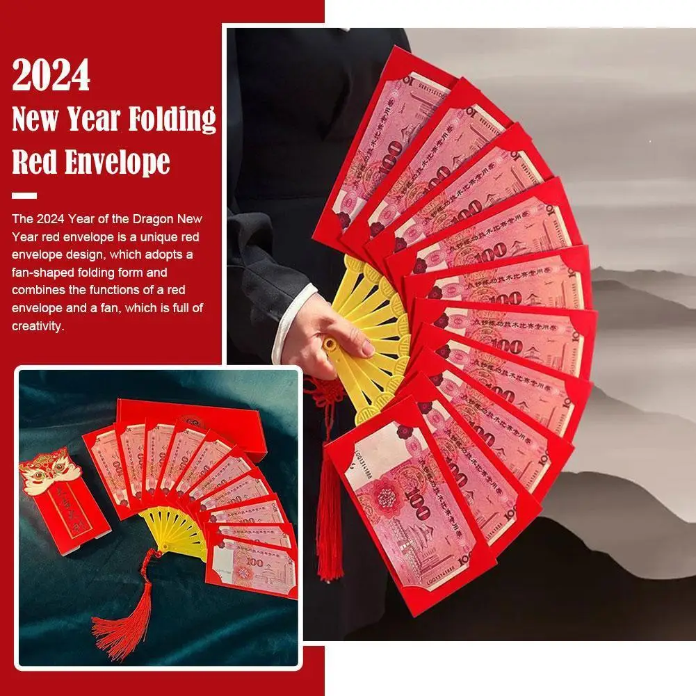 8/10 Cards Slots Folding Fan Shaped Red Envelope 2023 Chinese New Year Rabbit Red Packets For Lucky Money