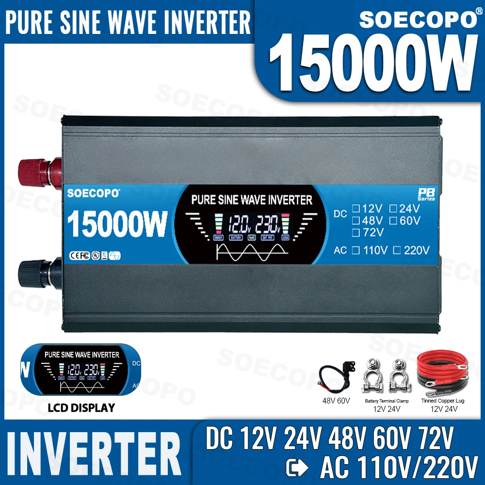 

Pure Sine Wave Inverter SOECOPO 15000W Solar & Current Inverter 12V 220V DC 12/24/48/60/72V To AC 110V/220V Home Outdoor Camping