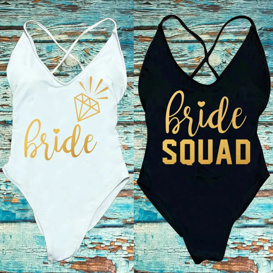 Padded One Piece Swimsuit Sexy BRIDE SQUAD Letter Print Swimwear Women Bikini Bathing Suit Summer Bodysuit Backless monokini