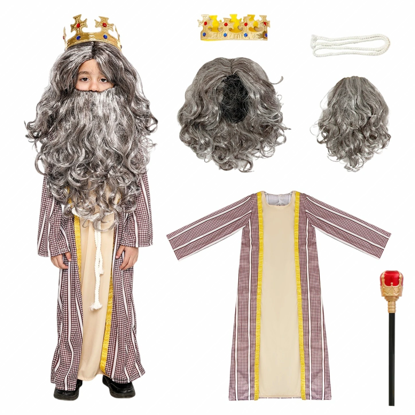 Kids Boys Medieval Kings Role Play Robe Dress Beard Scepter Sets Children Outfit Halloween Cosplay Costumes