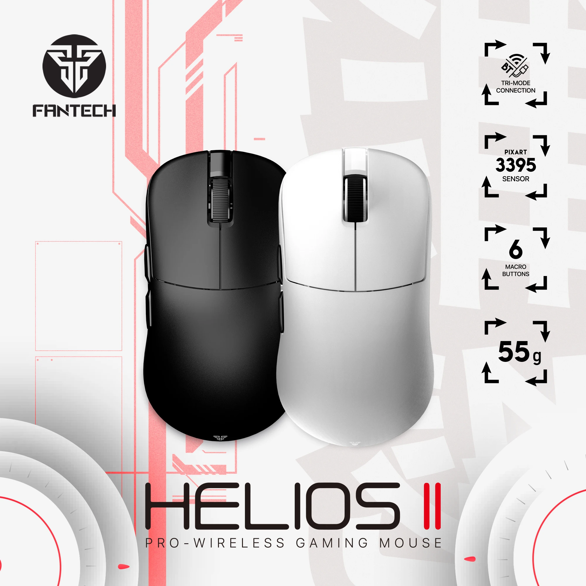 FANTECH HELIOS II XD3v3 Gaming Esports Mouse Wireless BT 55G Lightweight Mice PAW3395 26000DPI TTC Gold Switch For Laptop PC