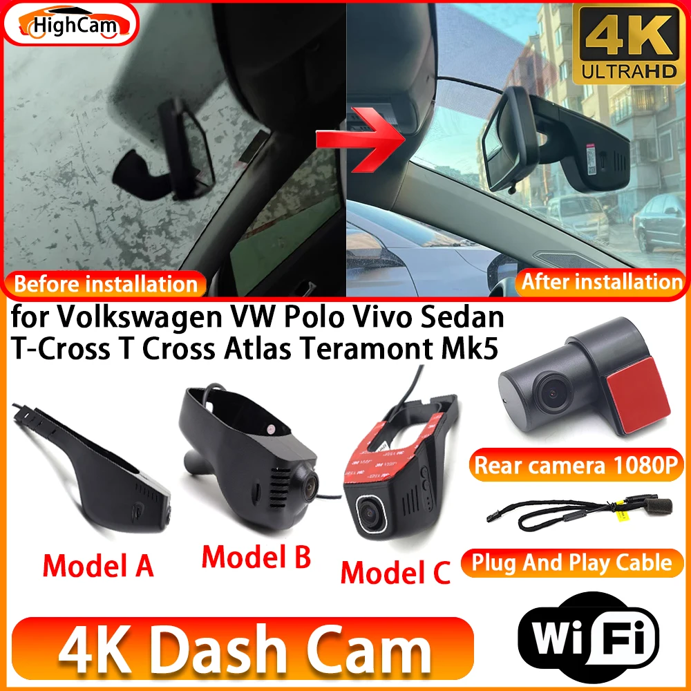 Caméra embarquée DVR 4K OEM pour Volkswagen VW Polo Vivo Sedan T-Cross T Cross Atlas Teramont Mk5, caméra avant et arrière, enregistreur vidéo WiFi
