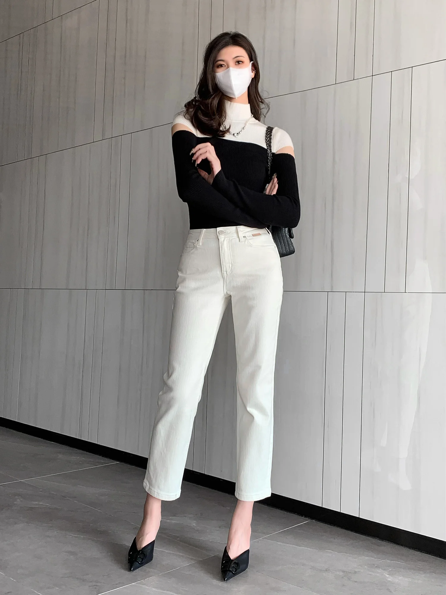 METHOD SLIM HIGH-WAISTED CASUAL WHITE JEANS NEW STYLE HIGH-END FASHION NINE FEMME STRAIGHT PANTS - FORGUNROSES