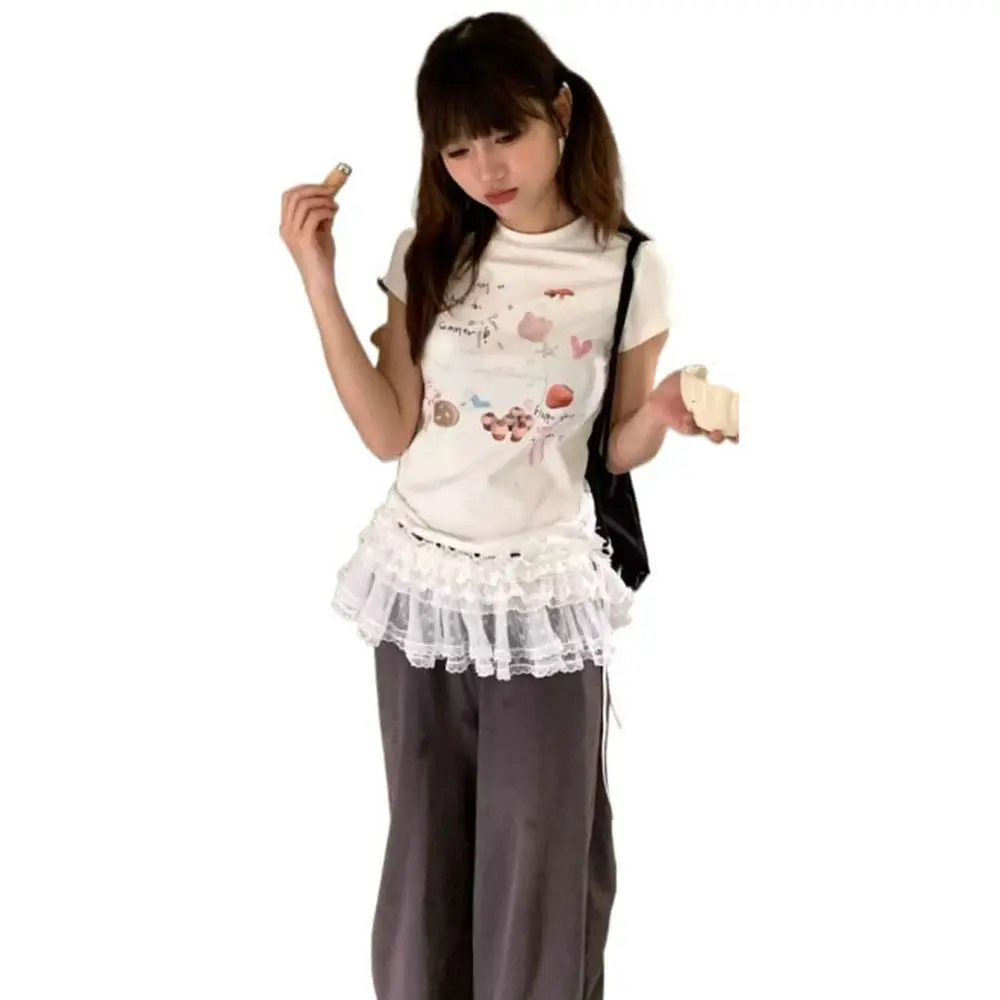 

Новая кружевная мини-юбка с вышитыми цветами, прозрачная уличная одежда Y2K, юбки со рюшами, Harajuku, занавеска для ягодиц, джинсовое украшение