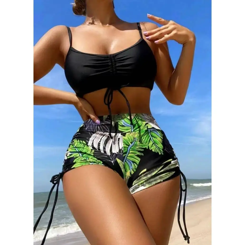 Cikini Summer Beach Tropical Print Bikini Set Drawstring Cami Bra & Boxer Shorts 2 Piece Bathing Suit