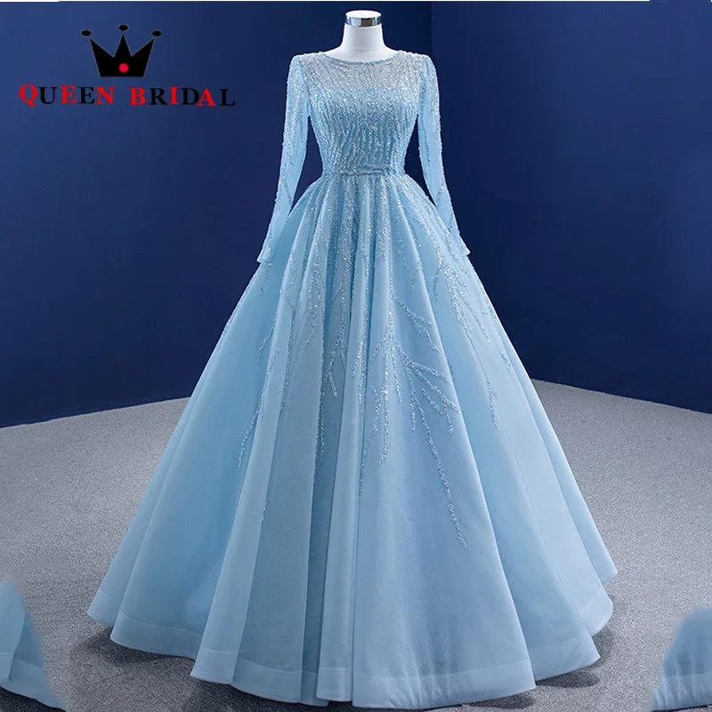 Tulle A Line Elegant Light Blue Evening Dress 2023 New O Neck Sequined Lace Formal Prom Gowns Robes De Soirée Custom ZX35