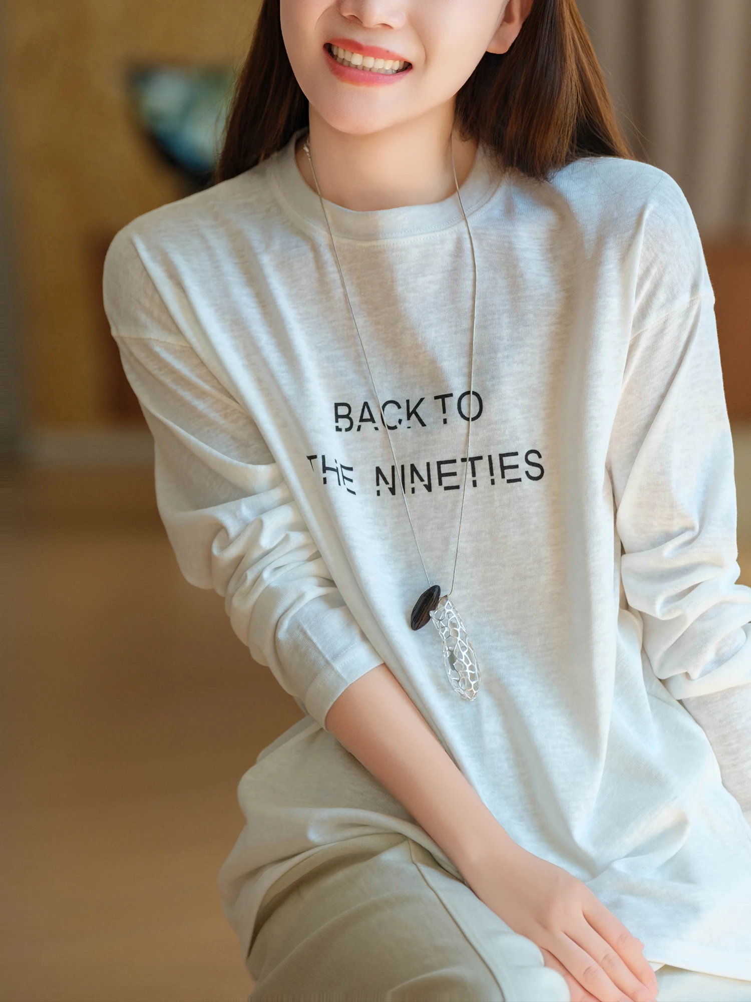 XiaoEr Production Snowflake Cotton Long Sleeve T-Shirt Breathable round Neck Slimming Print Casual Style Ladies T-shirt