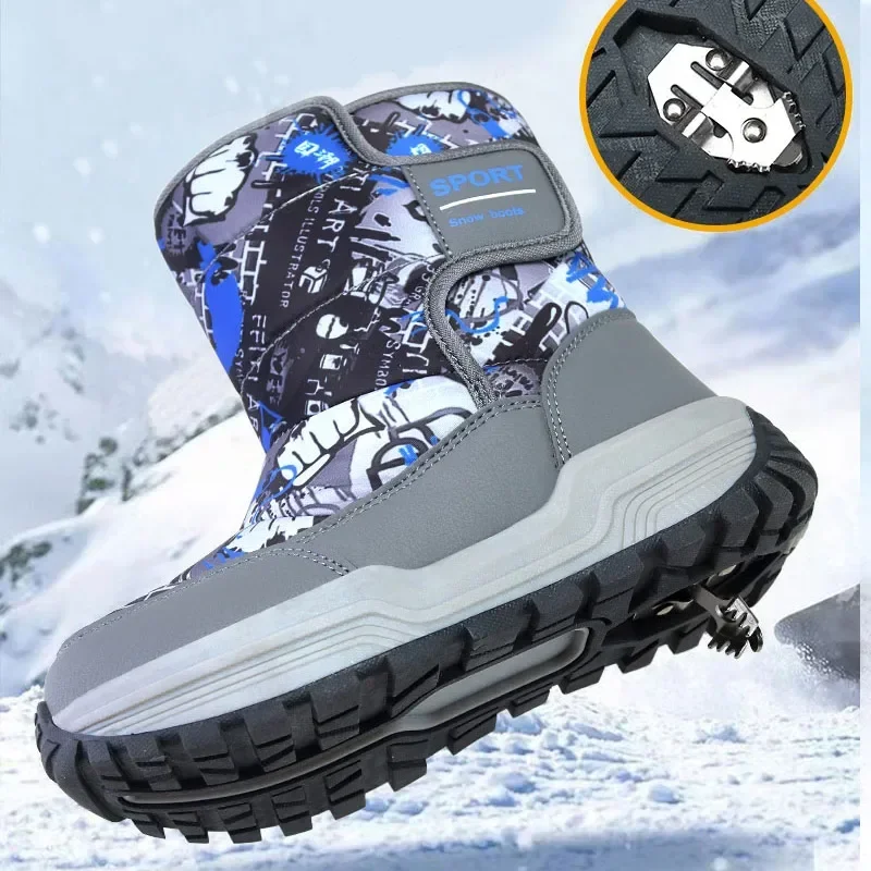 Kids Big Boys Snow Boots Winter Warm Fur Shoes Size 31-39# Children Plush Shoe Footwear Non-slip Camouflage Waterproof 222