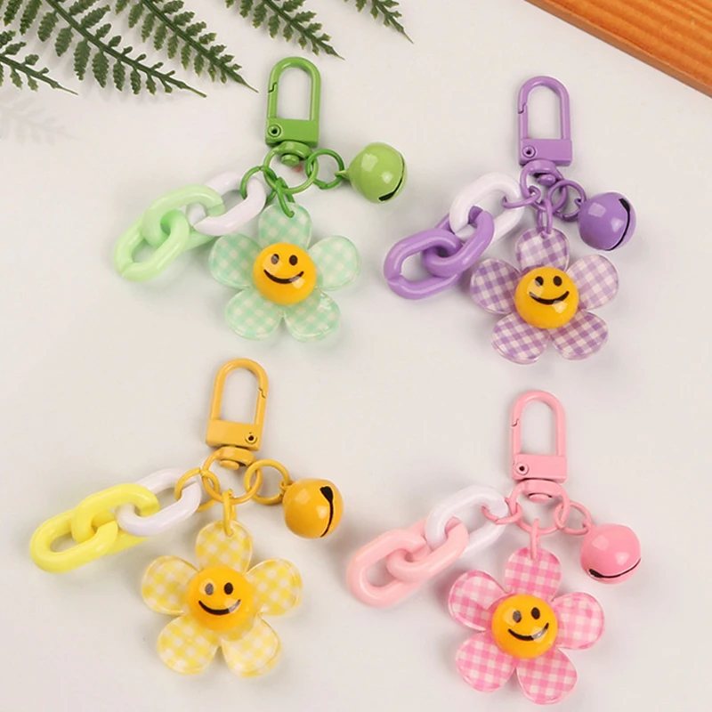 Lovely Sunflower Smiling Bell Pendant Keychain Women Candy Color Bag Key Charms For Gift