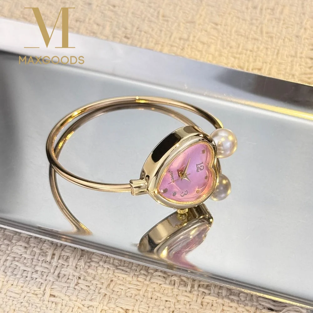 Creative Heart-shaped Dial Pearl Watch Adjustable Open Design Bracelet Watch Luxury Elegant Quartz Watch for Women