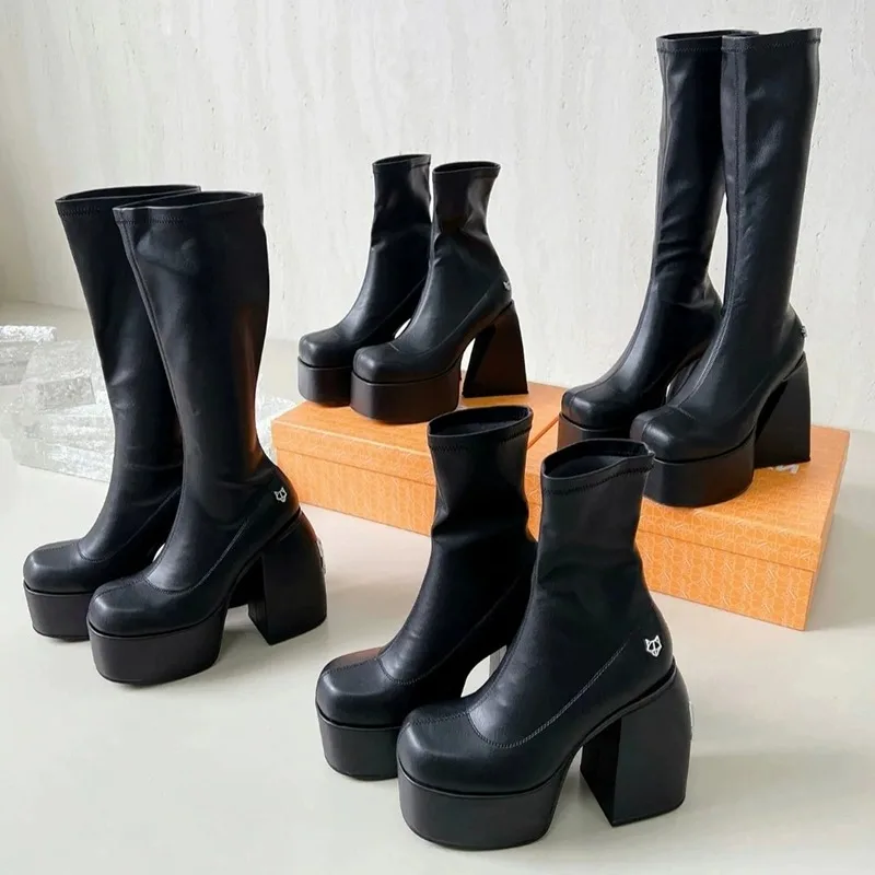 Ladies brand Spice Black Stretch Knee-High Boots Pull on design stretch platform Ladies high heels fashion designer bootie shoes