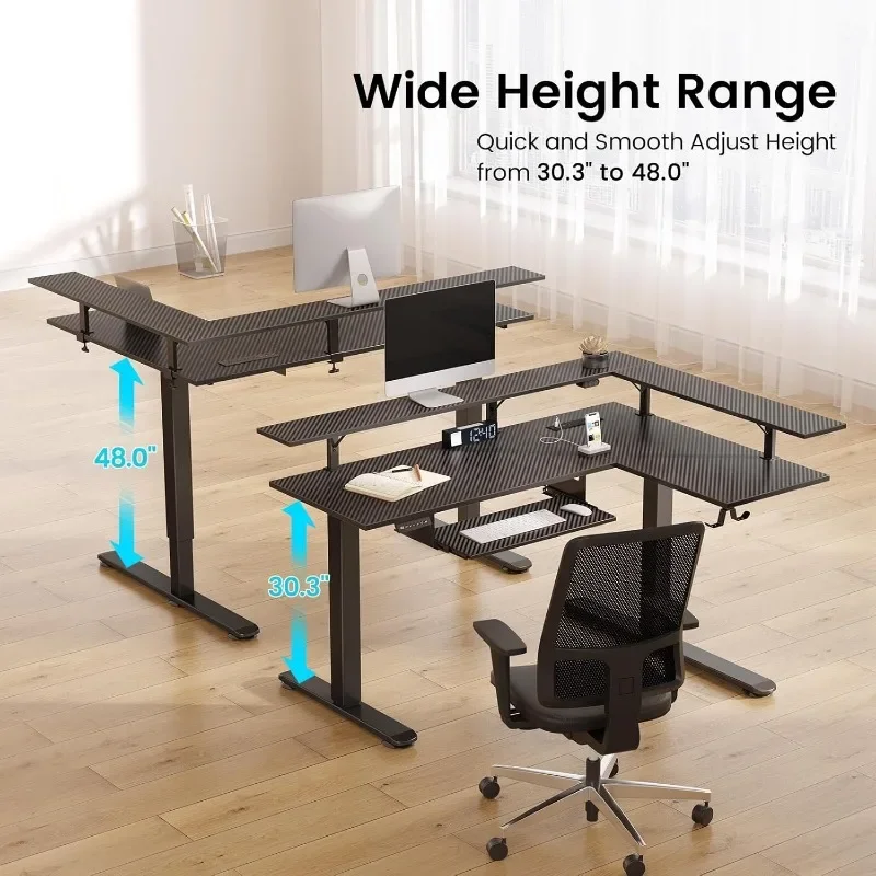 L-shaped Standing Desk with LED Lights and Power Outlets, Dual Motor Height Adjustable, Monitor Stand and Keyboard Tray