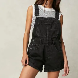 Y2K Vintage Black Denim Rompers Women Sleeveless High Waist Jeans Playsuits Korean Fashion Chic Jumpsuits Overalls Baggy Shorts