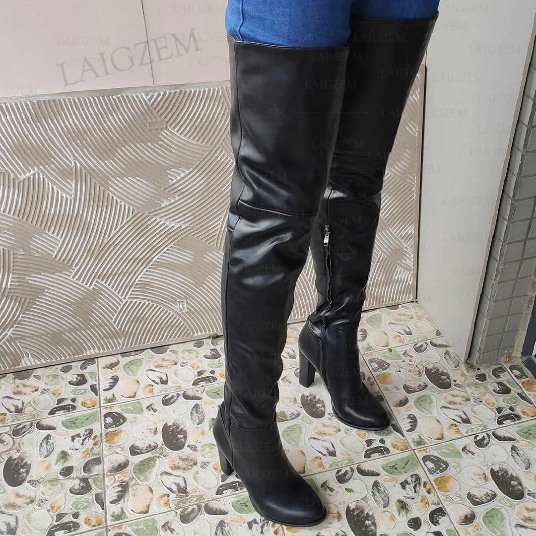 SEIIHEM Women Thigh High Boots Side Zip Round Toe Faux Leather Over Knee Boots Unisex Ladies Shoes Woman Plus Size 41 45 50 52