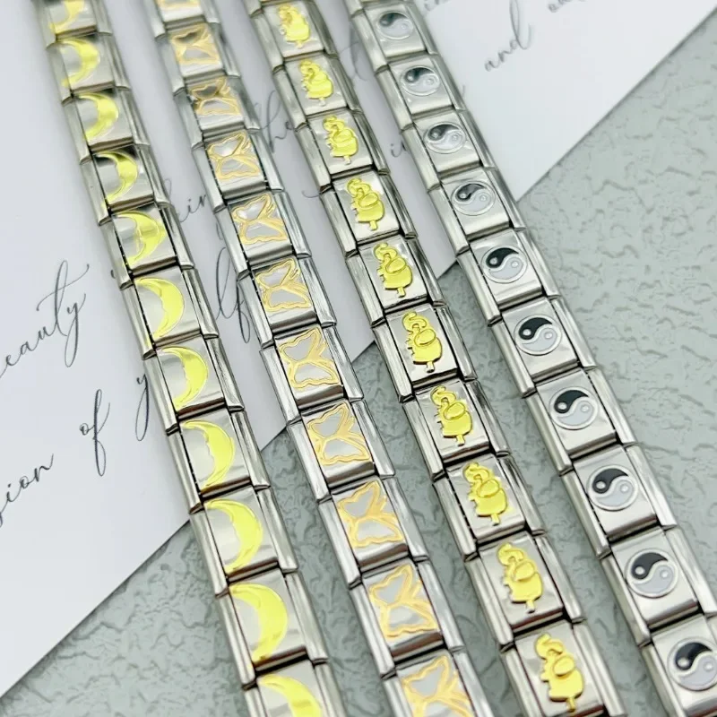 2024 New Fashion Golden Bulk Elastic Italian Charm Links Fit 9mm Modular Bracelet Stainless Steel DIY Making Jewelry Wholesal