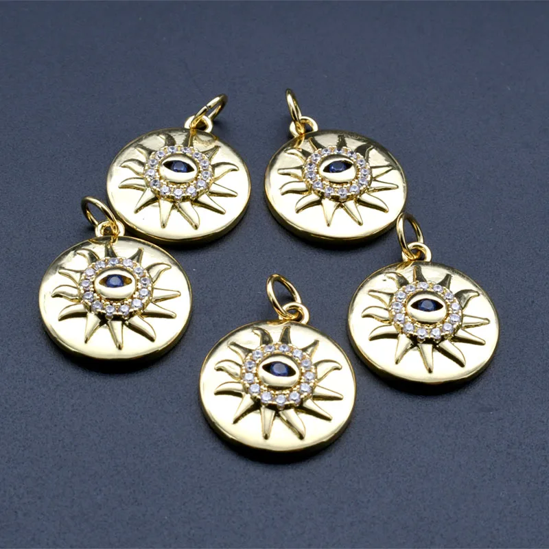 Fashion Women Jewelry Color Remain Gold Plated CZ Setting Evil Eye Round Pendant Charms for DIY Necklace