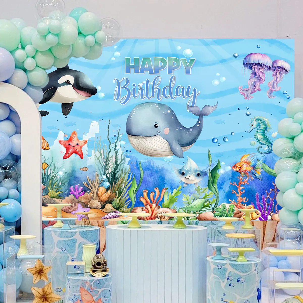 Under The Sea Summer Ocean Theme Birthday Party Decor Kids Boy Girl Background Cute Dolphin Starfish Decor Background Banner