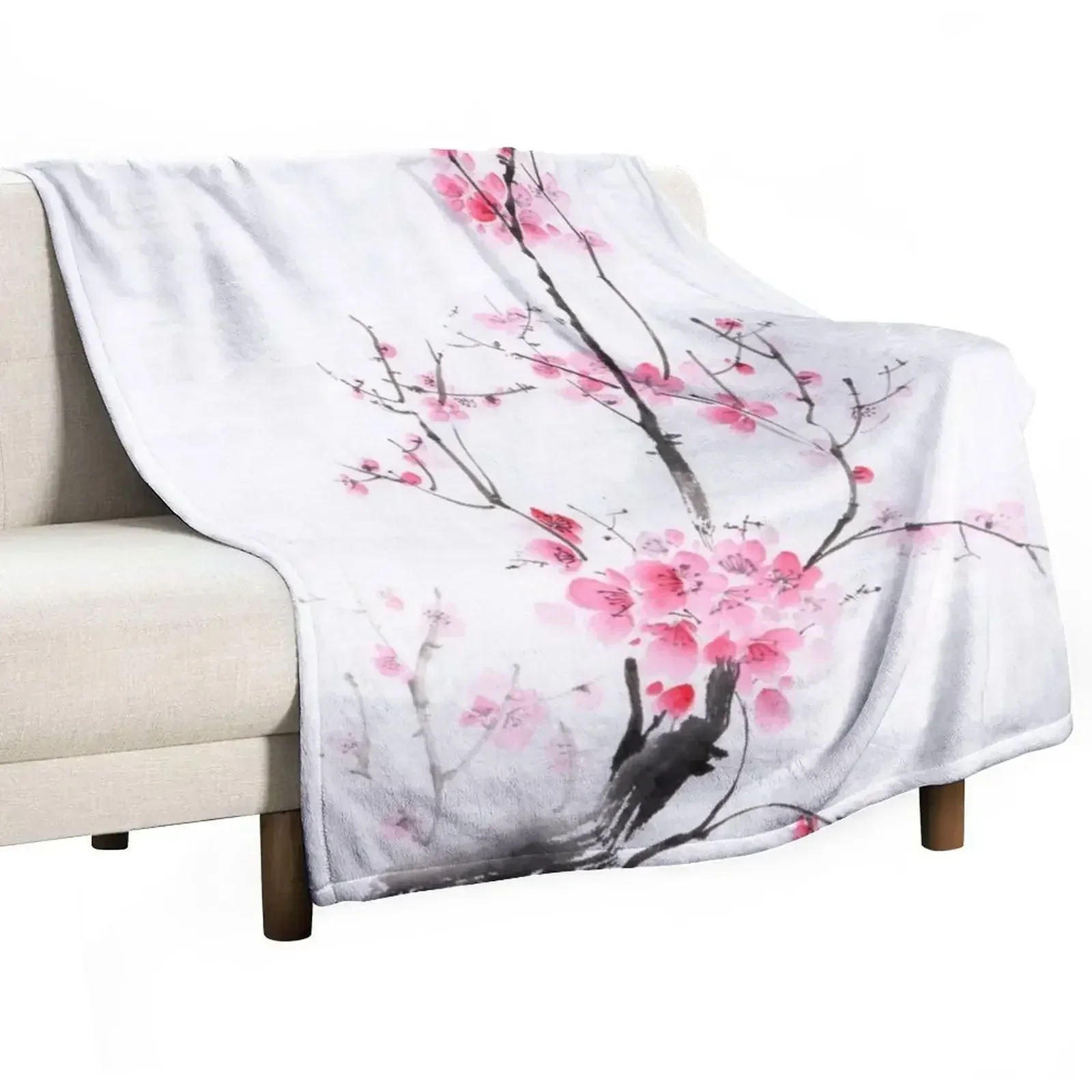 Delicate sakura branch with pink blossoms Japanese Zen sumi-e painting on white rice paper art print Throw Blanket