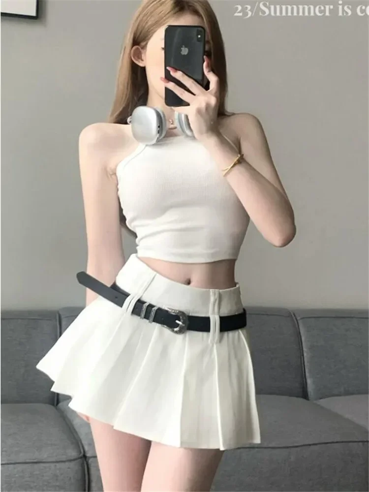 Women Black White Belted Super Short Pleated Skirt Hotsweet Y2k Girls Sexy Nightclub Dancing Skirt Fashion Slim High Waist Skirt