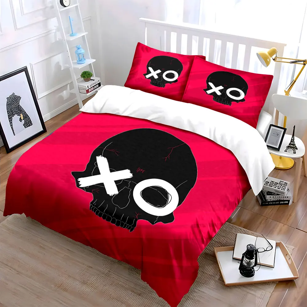 3Pcs XO Skull Bedding Set, Black Skull with White XO Eyes on Pink Background Print Duvet Cover + 2 Pillowcases, Edgy Decor