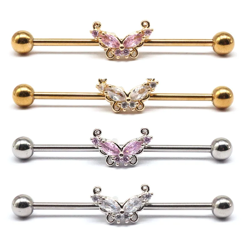 316L paslanmaz çelik düz çubuk kelebek küpe 1.6mm uzun kulak çubuk insan vücudu Piercing damızlık küpe moda takı