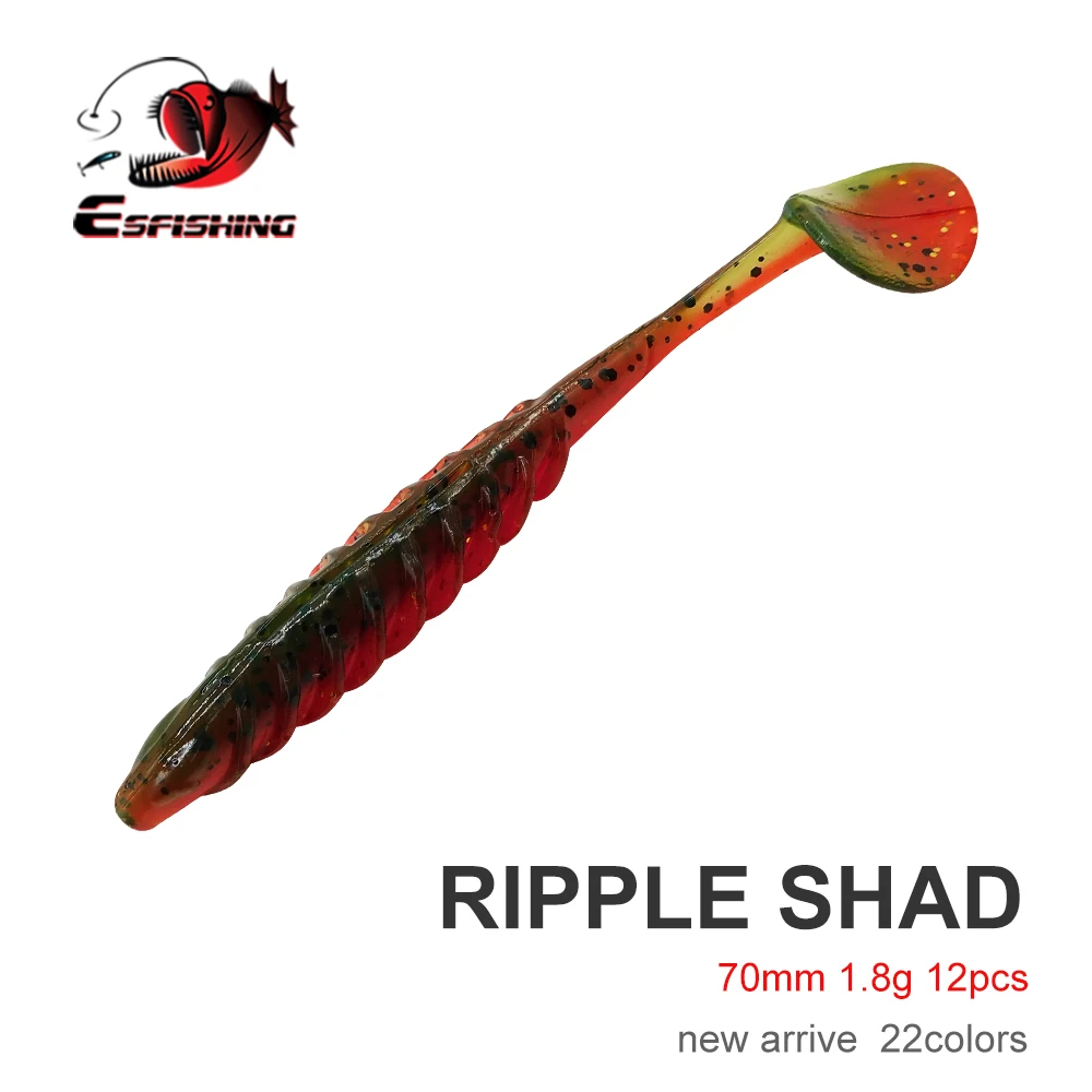 

ESFISHING New Soft Plastic Lure 2.8in 12pcs Ripple Shad Small T tail Shad Swimbait fishing Jigging Bait for Bass Perch Tackle