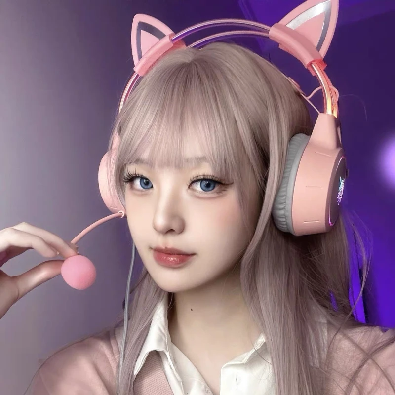 ONIKUMA X15PRO Headphones Pink Removable Cat Ears Wired Headset Gamer with RGB Light Noise Cancel Mic Stereo Gaming Earphone