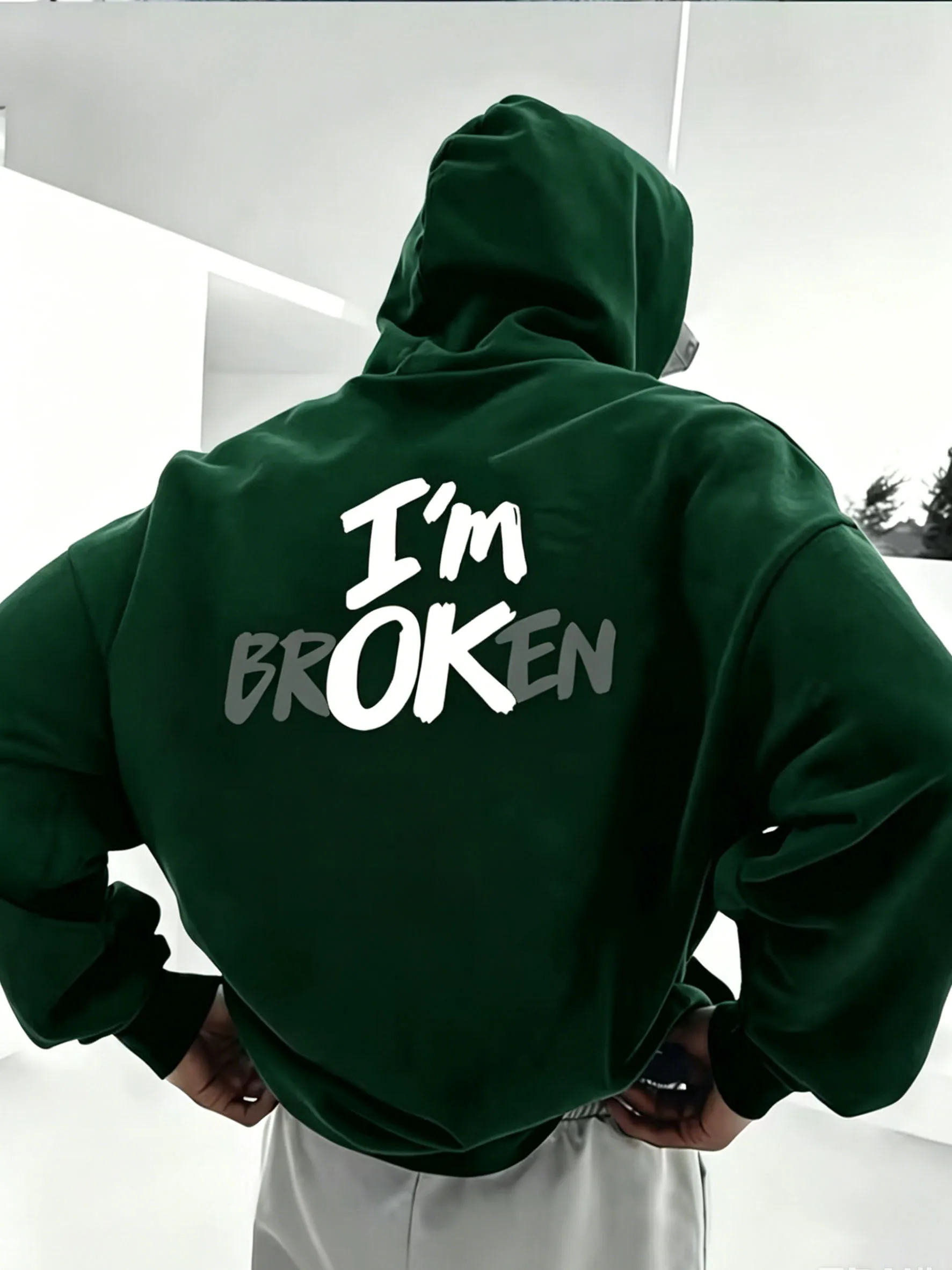 I'm Ok Broken Letter Print Hoodie Men Women Back Text Graphic Oversized Pullover Hip Hop Streetwear Sweatshirt Boys Vintage Tops