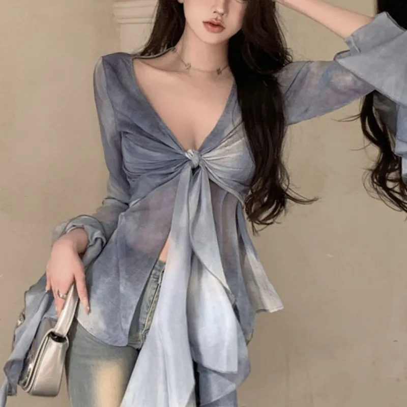 Skinny Blouses for Women Sexy Spring Clothing Flare Sleeve Thin V-neck Niche Tie Dye Design All-match Party Hot Girls Young Chic