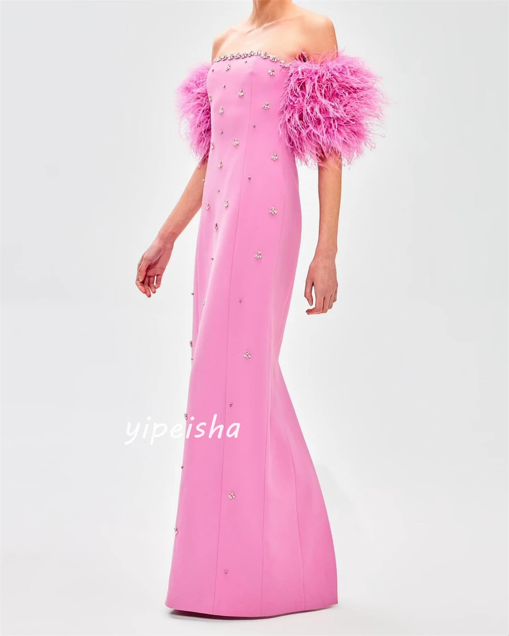 Jersey Sequined Feather Ruched Birthday A-line Off-the-shoulder Bespoke Occasion Gown Long Dresses