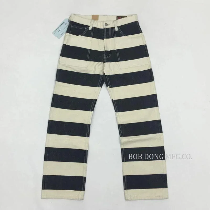 BOB DONG Multi-Pocket Motorcycle Pants Washed Prisoner Stripes Trousers For Men