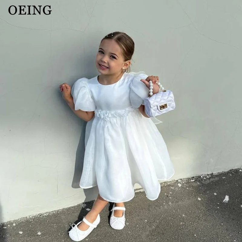 

Простые бежевые платья для девочек OEING, А-силуэт, из органзы, длиной до колена, с пышными рукавами, для свадебных торжеств, драпированные, на заказ