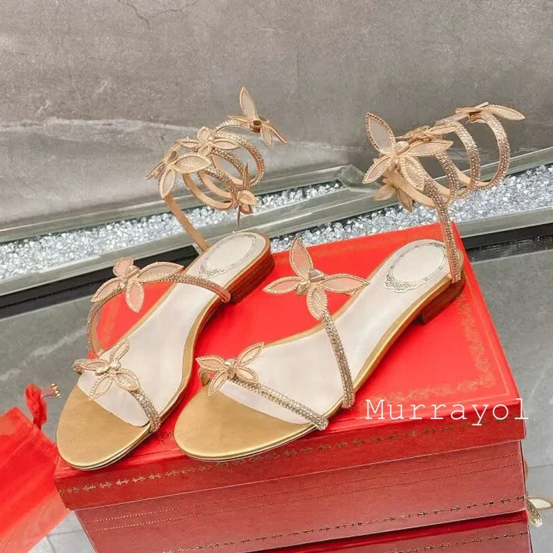 Snake Shaped Elastic Strap Sandals Women Rhinestone Flower Decor Flat Bottom Gladiator Sandalias Summer Dress Shoes Fairy Shoes