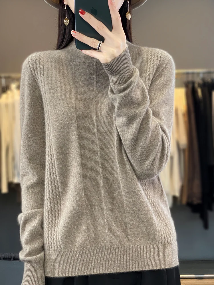 2024 Autumn Winter Women 100% Merino Wool Sweater Striped O-Neck Pullover Knitwear Casual Undershirt Cashmere Clothing Tops