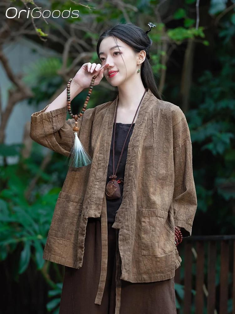 OriGoods 2024 Spring New Kimono Shirt Women Traditonal Chinese style Loose Coat Tie Dye Shirt Ramie Cotton Japan Clothes C023