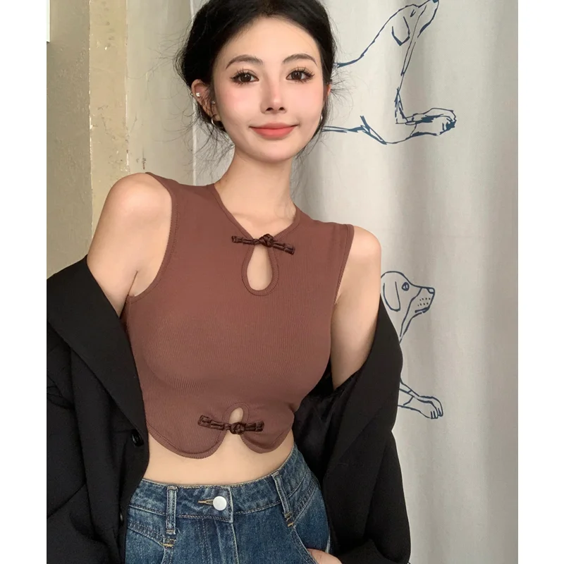 Summer Women Clothing New China-Chic Style Retro Button Improve Cheongsam Vest Irregular Design Sense Slim Short Temperament Top