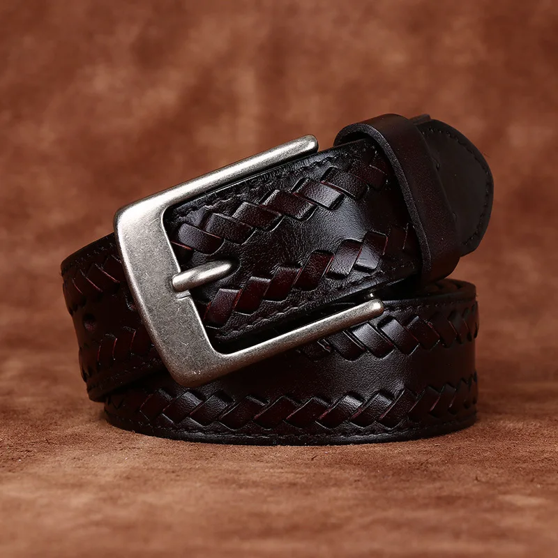3.8 Cm Pure Cowhide Genuine Leather for Men High Quality Pin Buckle Belts Cowboy Waistband Male Fashion Woven Belt Jeans Strap