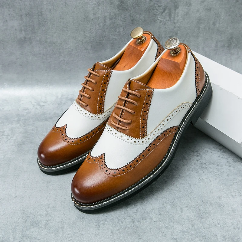 British leather shoes men match color white brown leather business casual Brock carved retro dress shoes for men