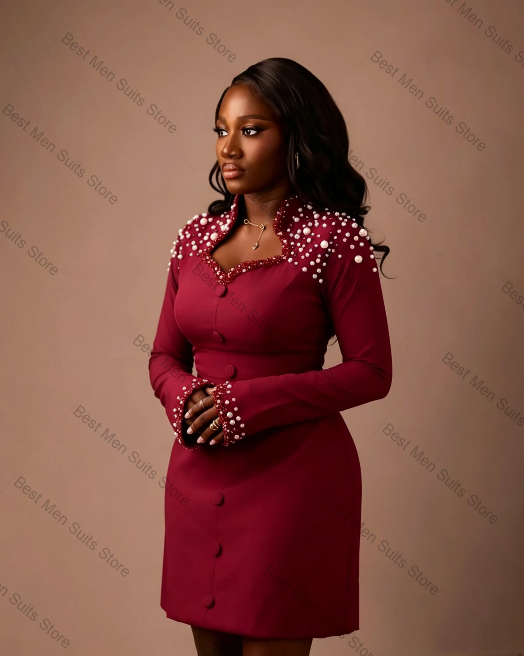 Pearls Burgundy Women Suit Skirt 1 Pcs Long Blazer Prom Dress Formal Office Lady Jacket Customized Wedding Tuxedo Guest Coat