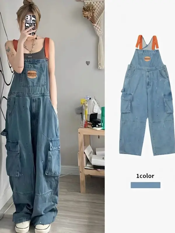 

Джинсовый комбинезон больших размеров для женщин: модные брюки-карго с высокой талией и широкими штанинами для осени и зимы, одежда больших размеров для полных женщин, цветные варианты.