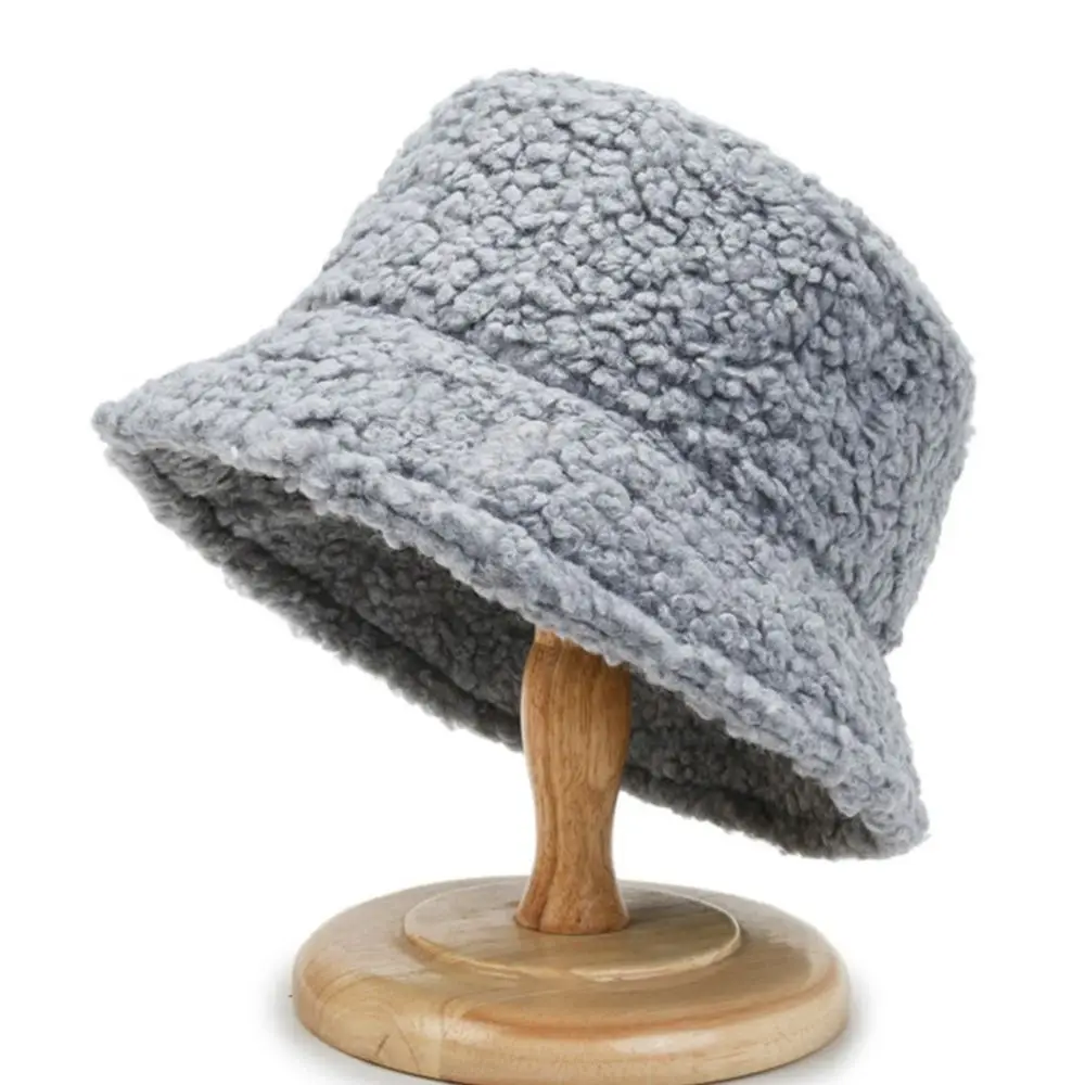 

Sun Protection Casual Style Autumn and Winter Lamb Korean Style Caps Female Hats Pure Color Caps Lambwool Bucket Hat