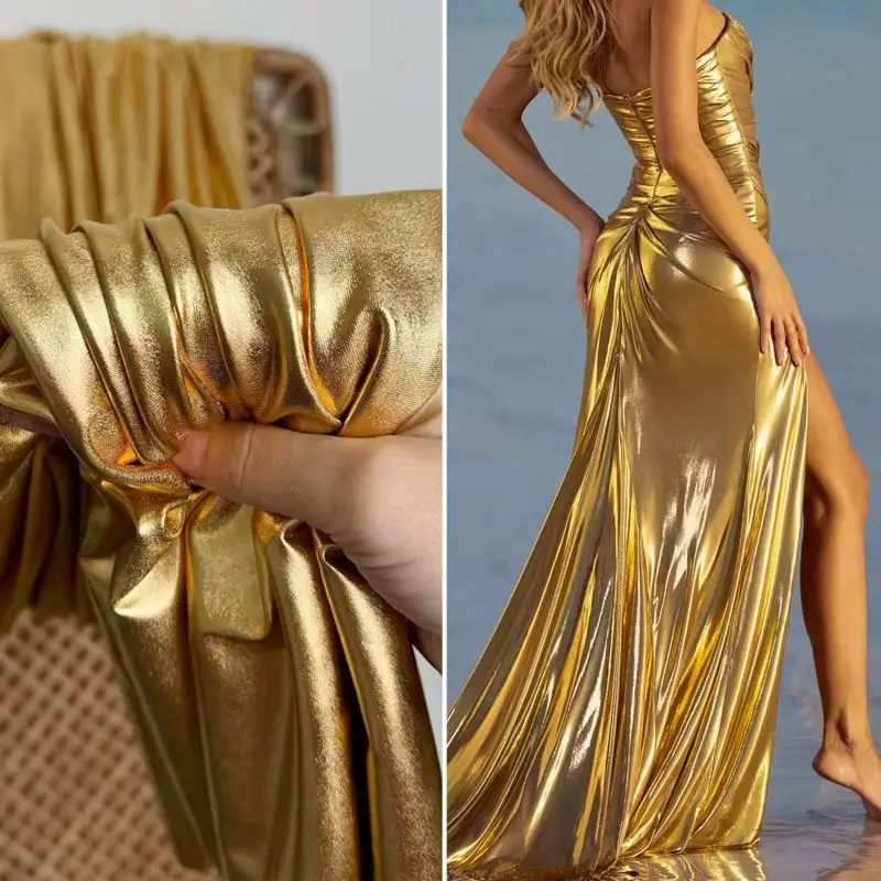 Stunning Gold Liquid Metallic Spandex Lame Fabric for Dance Wear Costumes Dress Backgrounds and Fashion Designer Material