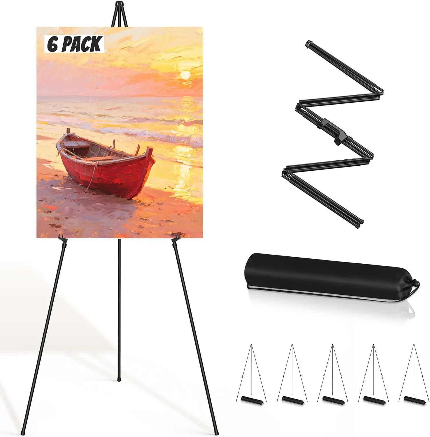 

63" Tripod Easel Stands, Collapsible Floor Easels for Display Art, Poster, Wedding - Black 6 Pack