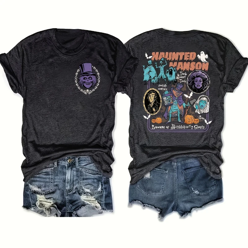 

Women'S Halloween Graphic T-Shirt - "Haunted Wanson" Cartoon Print with Pumpkins, Bats & Spiders, Black Casual Round Neck Tee