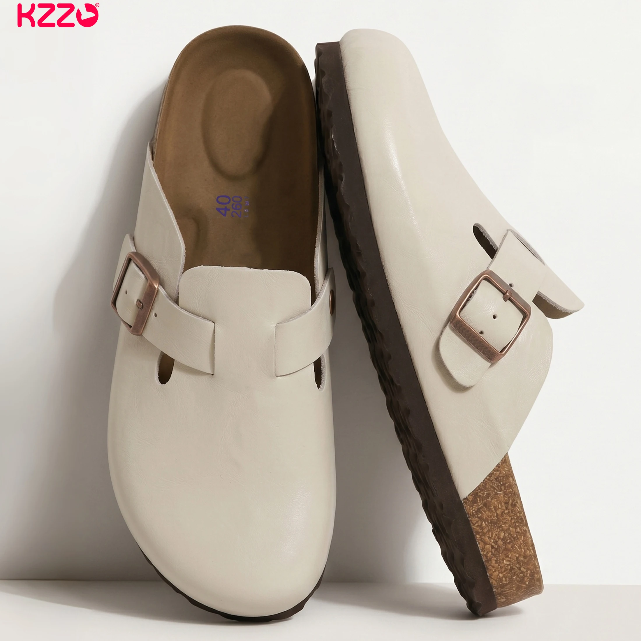KZZO Waterproof Genuine Leather Mules for Women Non Slip Clog Shoes Outdoor Home Comfort Slip On Flat Adjustable Strap White