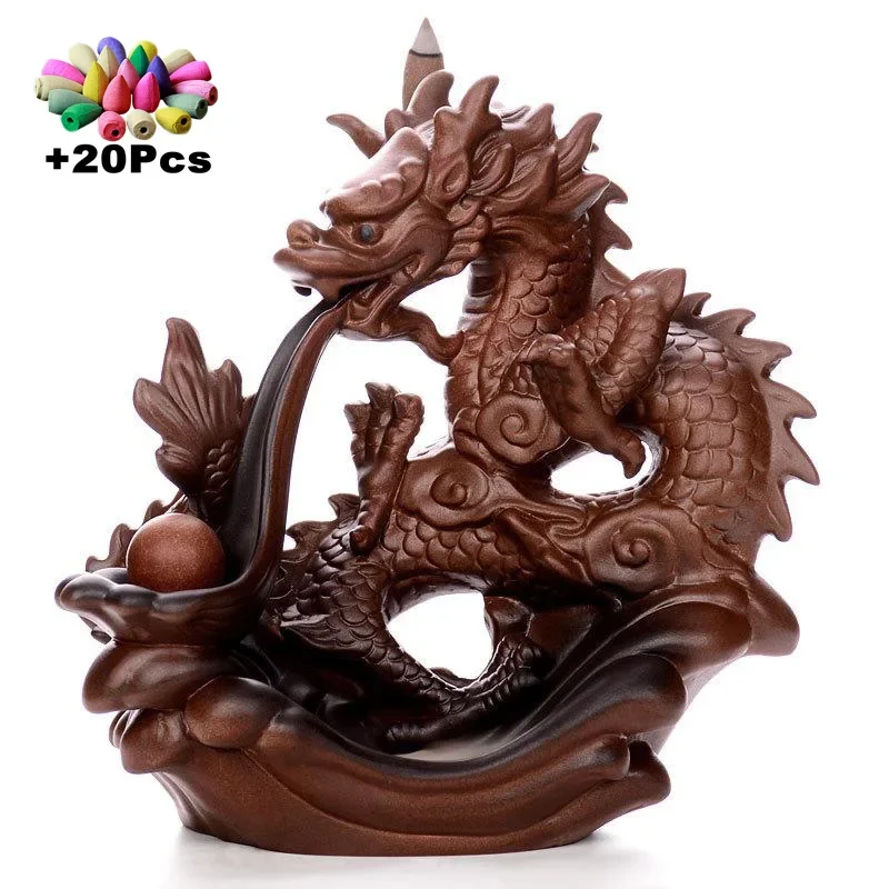 

With 20cones Ceramic Dragon Incense Smoke Waterfall Backflow Stick Holder Decor Tea House Craft