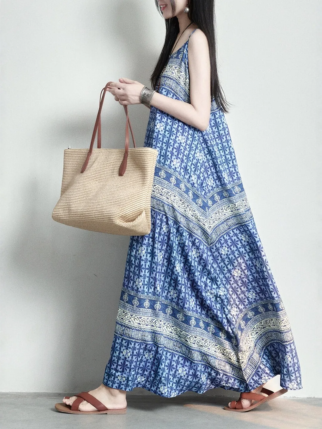 

Summer Large Size Women's Dress Japanese Style Loose Floral Print Vacation Casual Long Sleeveless Gown A-Line Skirt