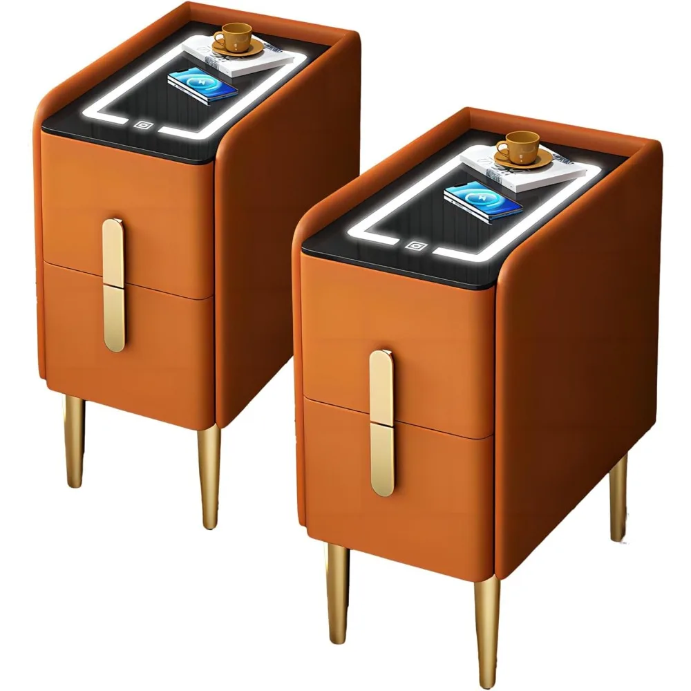 زوج من طاولات السرير الحديثة مع إضاءة قابلة للتعديل ومحطات شحن، ومنضدة مزدوجة لتنظيم غرفة النوم