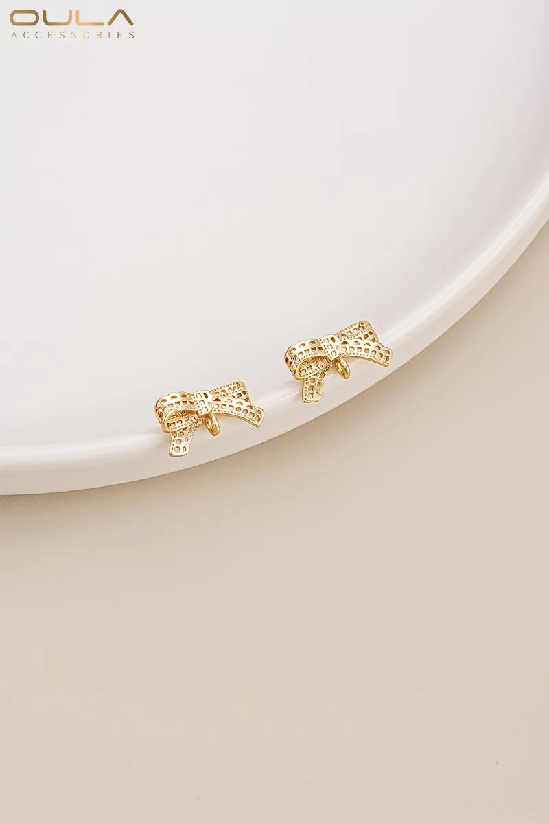 

1pair 14K Gold-plated Lace Trim, Bow, Stud Earrings, S925 Silver Needle, Handcrafted Diy Earring Accessory Material